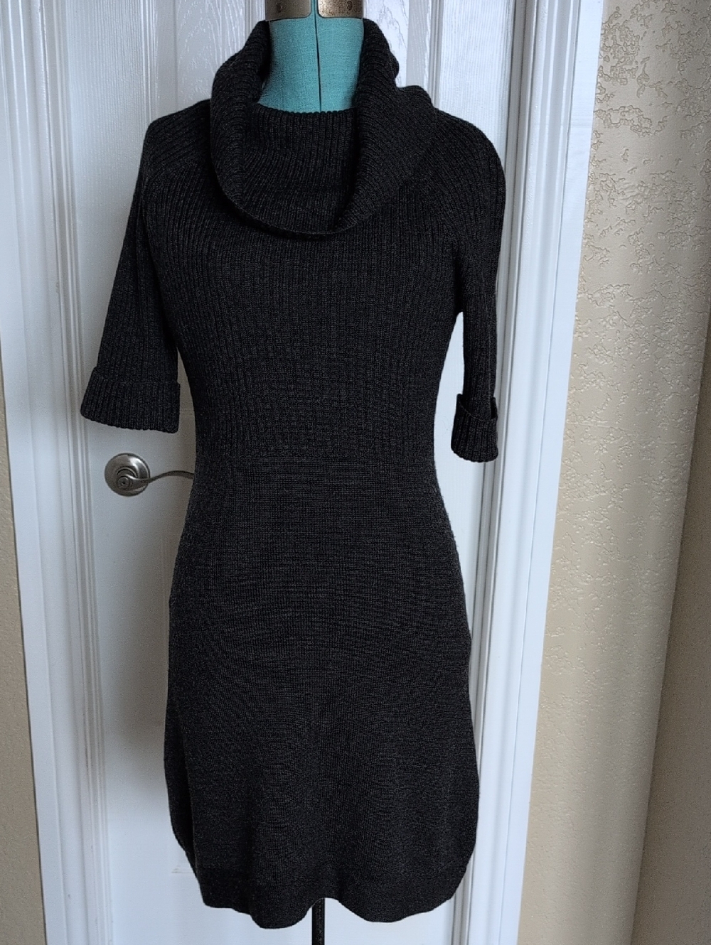 Cowl Neck Charcoal Knit Sweater Dress - Women